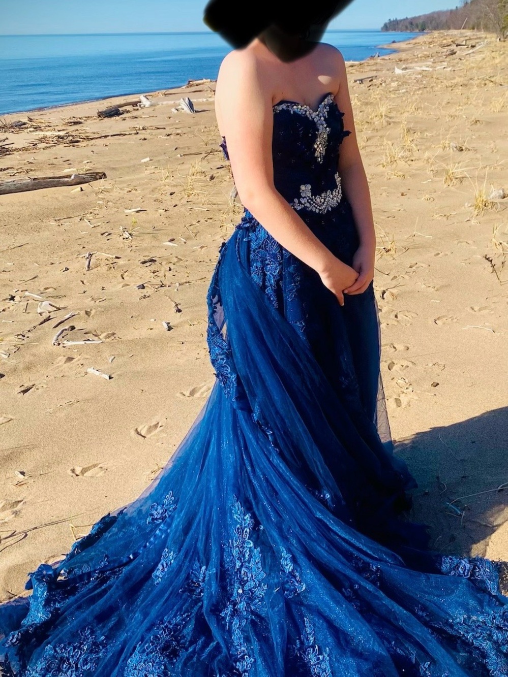 Strapless navy blue Prom quinceañera Dress with silver beading.